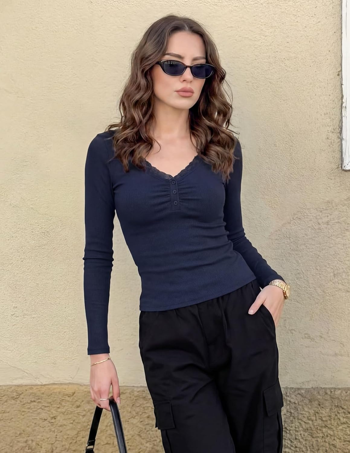 image:imageMEROKEETY Womens Long Sleeve V Neck Lace Trim Cute Tops Ribbed Tshirt Knit Henley Shirts Ruched Fitted Going Out Blouses Trendy Y2K Outfits Fall Fashion Layering ClothingNavy