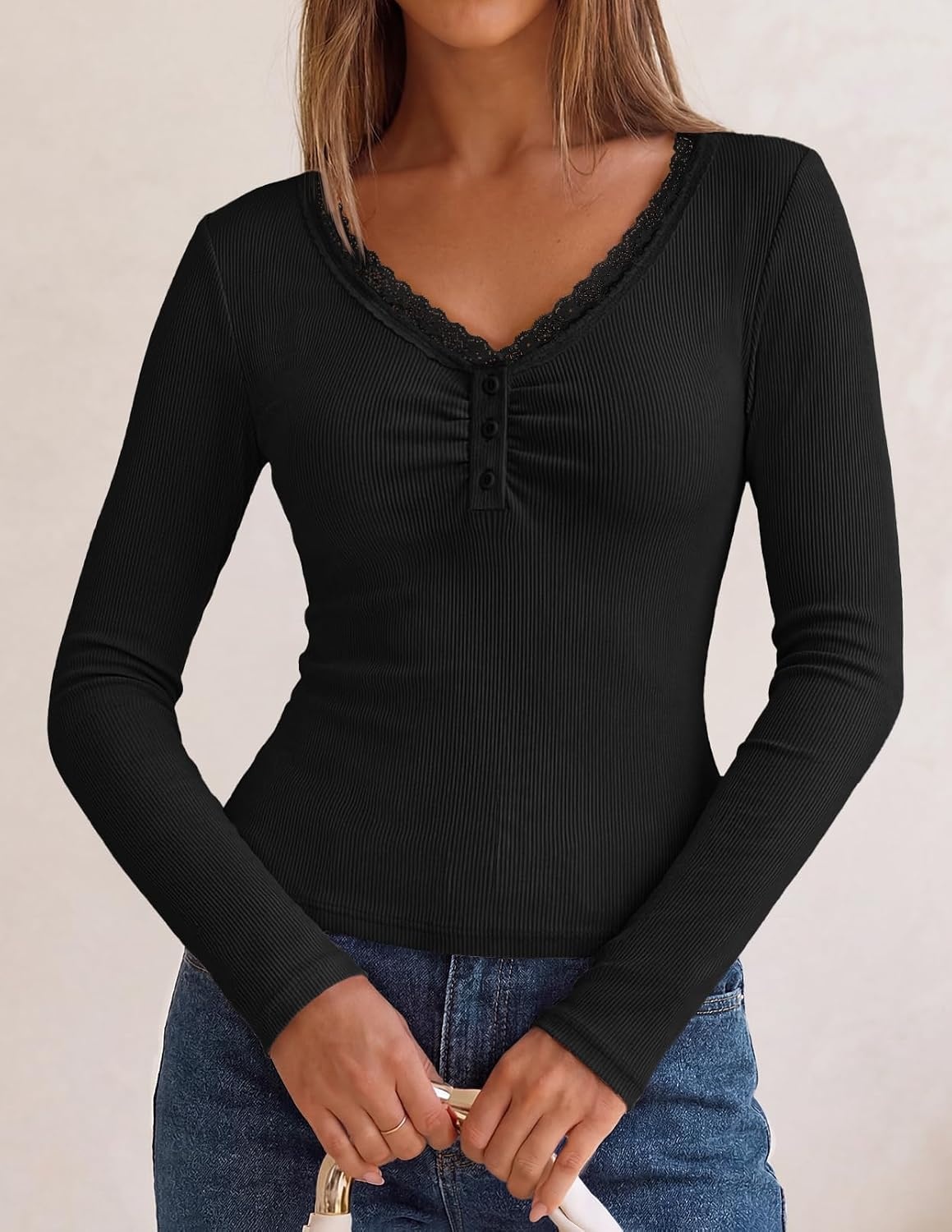 image:imageMEROKEETY Womens Long Sleeve V Neck Lace Trim Cute Tops Ribbed Tshirt Knit Henley Shirts Ruched Fitted Going Out Blouses Trendy Y2K Outfits Fall Fashion Layering ClothingBlack