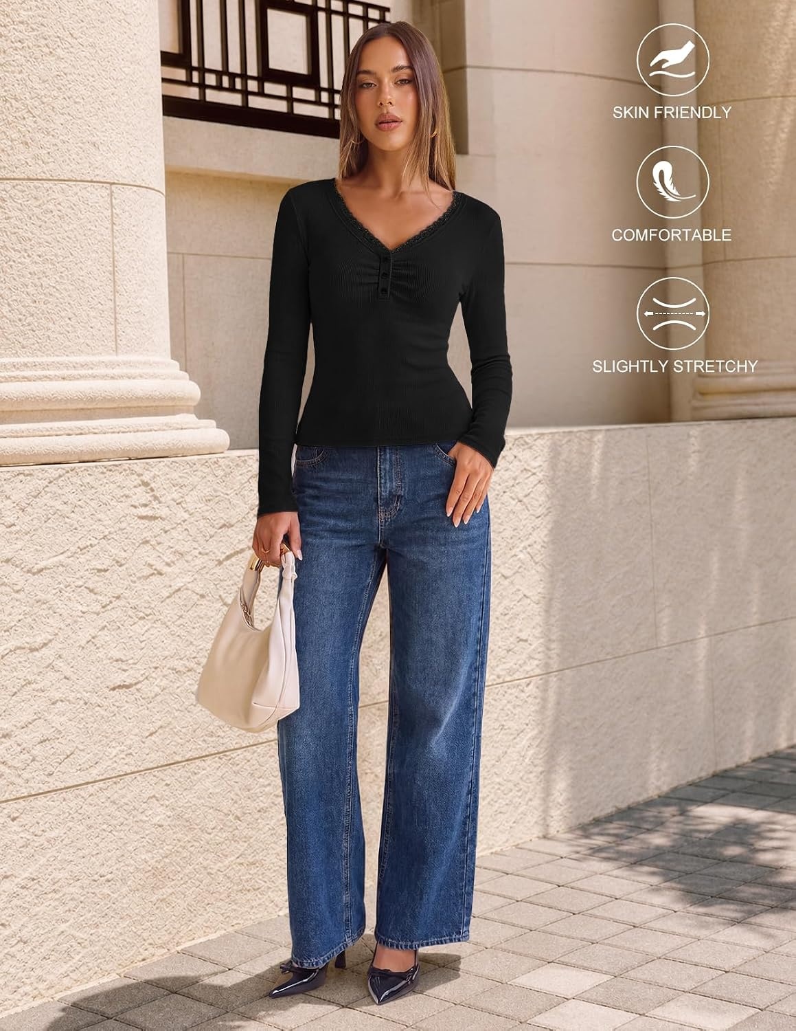 image:imageMEROKEETY Womens Long Sleeve V Neck Lace Trim Cute Tops Ribbed Tshirt Knit Henley Shirts Ruched Fitted Going Out Blouses Trendy Y2K Outfits Fall Fashion Layering ClothingBlack