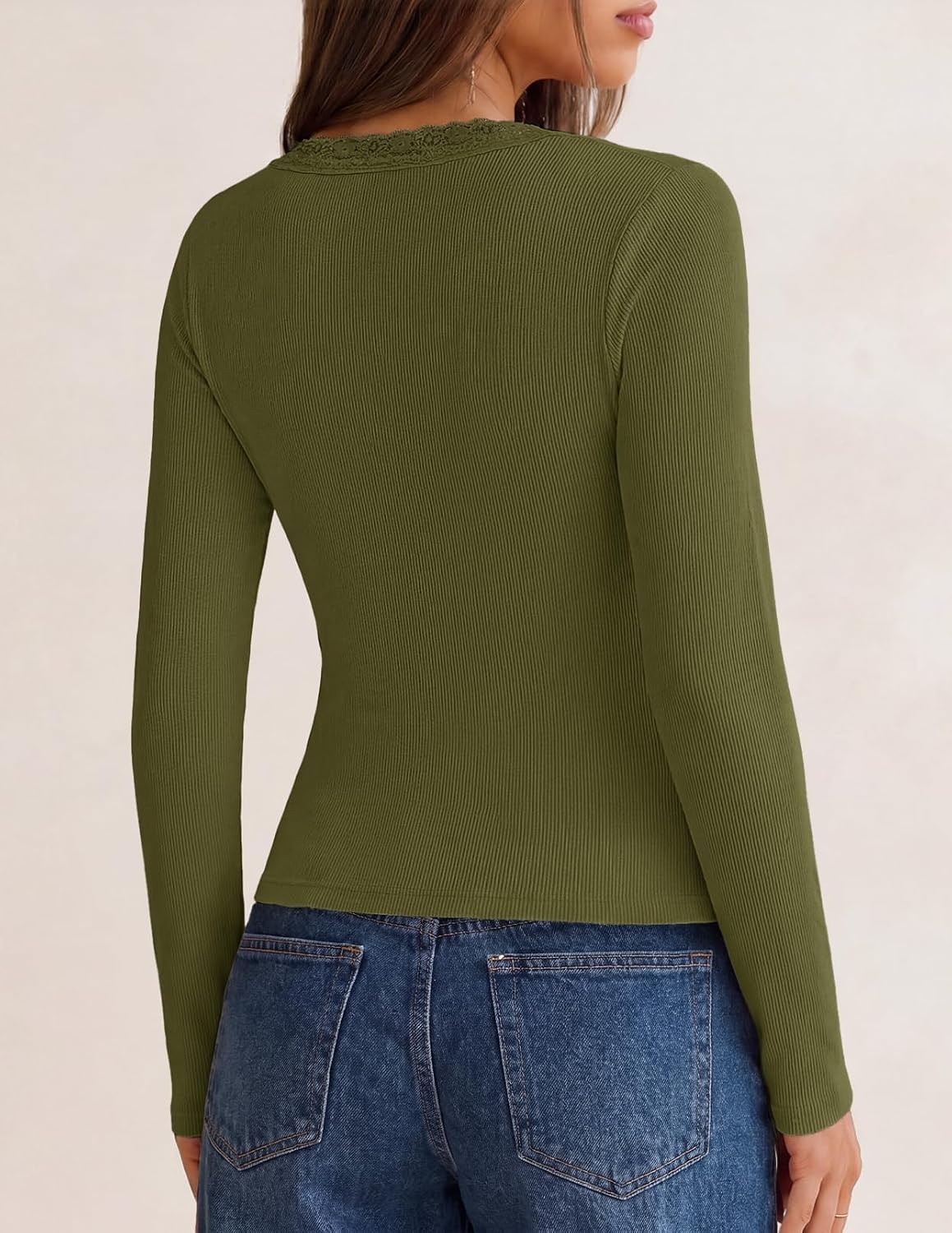image:imageMEROKEETY Womens Long Sleeve V Neck Lace Trim Cute Tops Ribbed Tshirt Knit Henley Shirts Ruched Fitted Going Out Blouses Trendy Y2K Outfits Fall Fashion Layering ClothingArmy Green