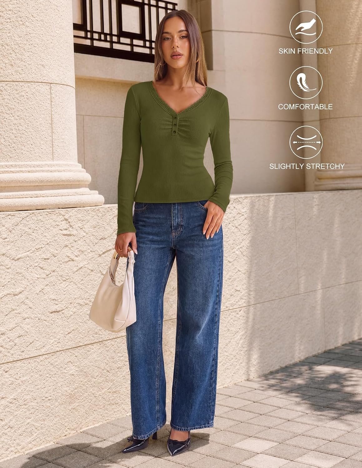 image:imageMEROKEETY Womens Long Sleeve V Neck Lace Trim Cute Tops Ribbed Tshirt Knit Henley Shirts Ruched Fitted Going Out Blouses Trendy Y2K Outfits Fall Fashion Layering ClothingArmy Green