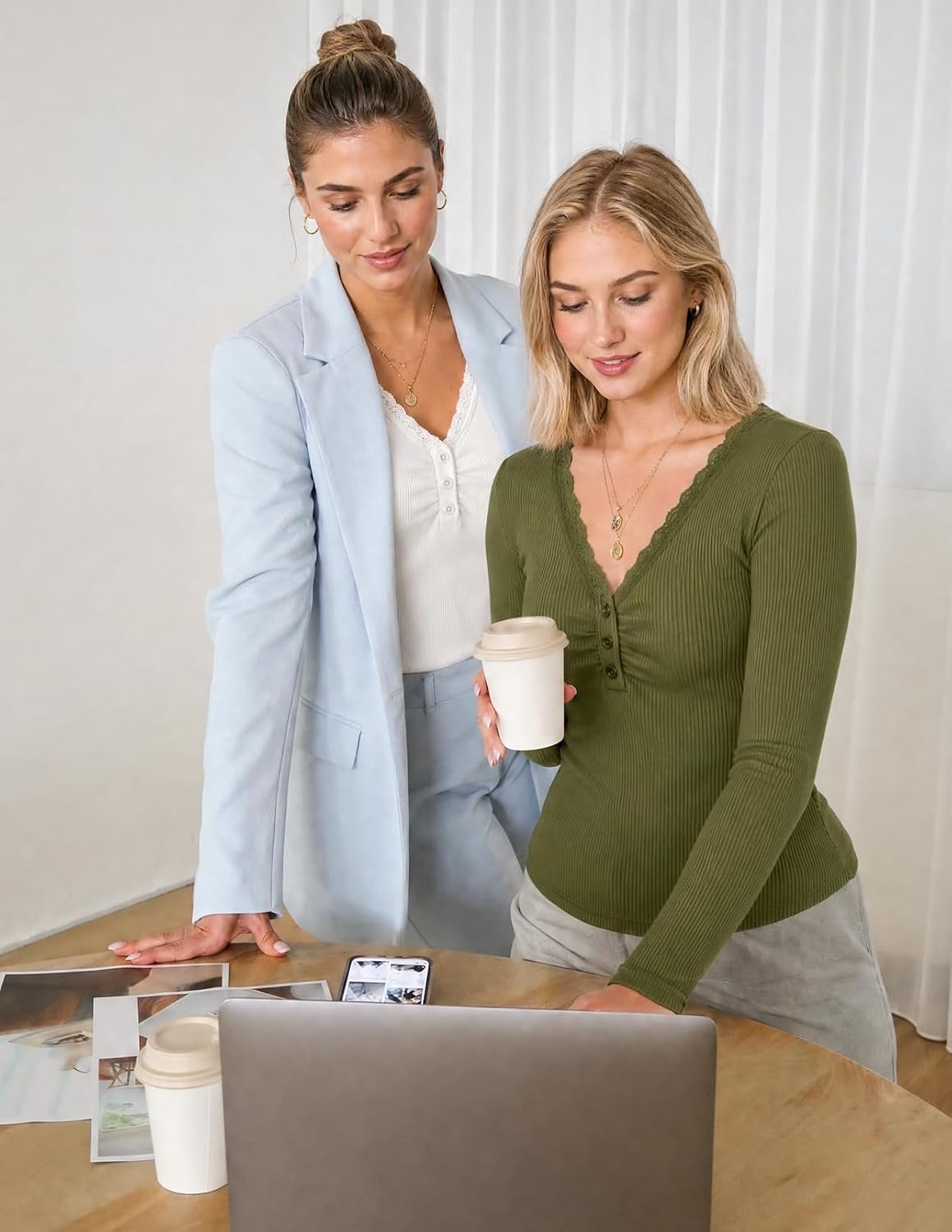image:imageMEROKEETY Womens Long Sleeve V Neck Lace Trim Cute Tops Ribbed Tshirt Knit Henley Shirts Ruched Fitted Going Out Blouses Trendy Y2K Outfits Fall Fashion Layering ClothingArmy Green
