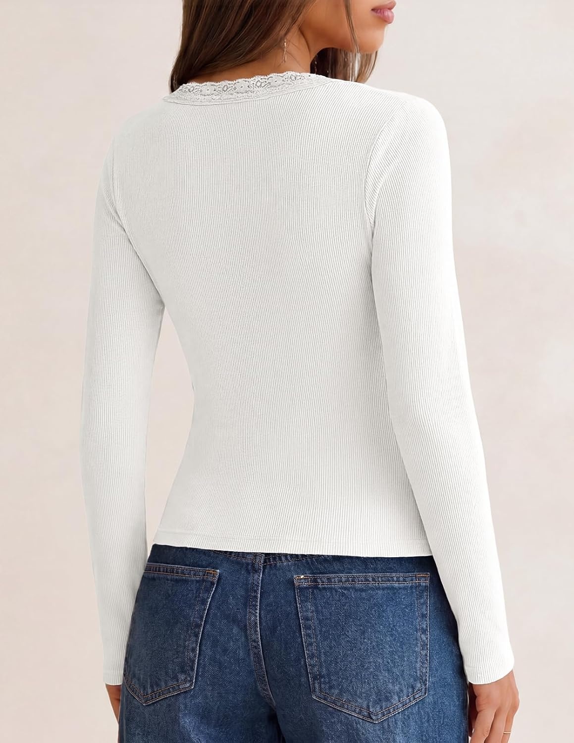 image:imageMEROKEETY Womens Long Sleeve V Neck Lace Trim Cute Tops Ribbed Tshirt Knit Henley Shirts Ruched Fitted Going Out Blouses Trendy Y2K Outfits Fall Fashion Layering ClothingWhite
