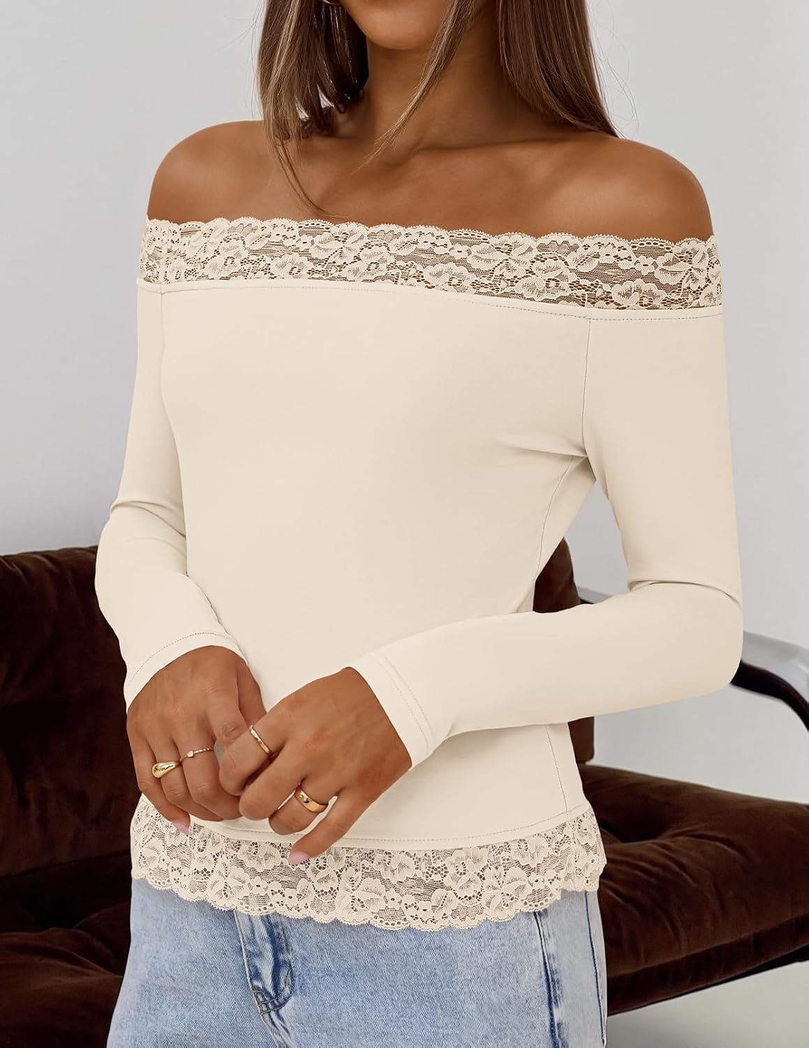 image:imageMEROKEETY Womens Off The Shoulder Long Sleeve Lace Tops Slim Fitted Shirts Going Out Tops 2026 Fall Fashion Cute Y2k Stretchy Fabric Solid Color Lightweight Floral Knit TeeApricot