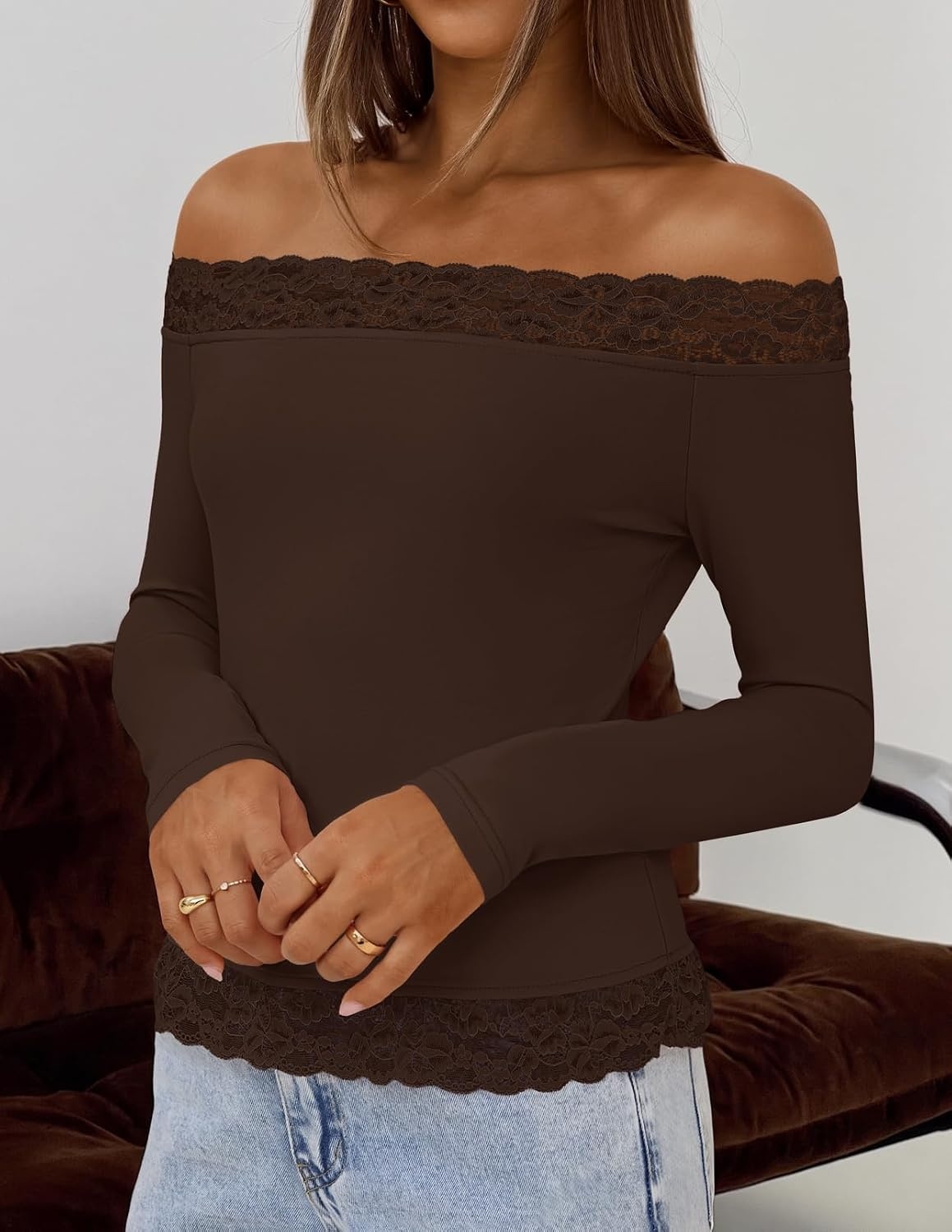 image:imageMEROKEETY Womens Off The Shoulder Long Sleeve Lace Tops Slim Fitted Shirts Going Out Tops 2026 Fall Fashion Cute Y2k Stretchy Fabric Solid Color Lightweight Floral Knit TeeCoffee