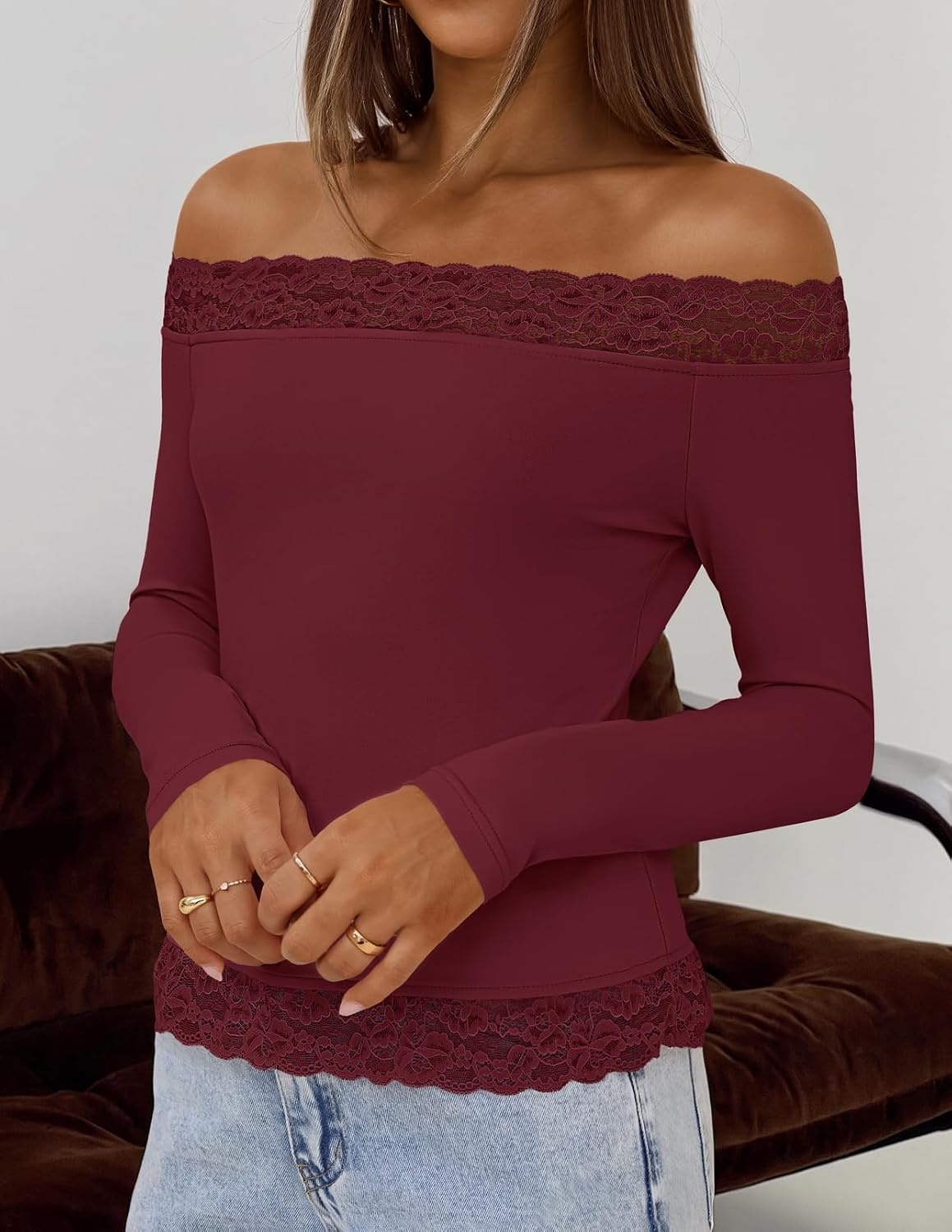 image:imageMEROKEETY Womens Off The Shoulder Long Sleeve Lace Tops Slim Fitted Shirts Going Out Tops 2026 Fall Fashion Cute Y2k Stretchy Fabric Solid Color Lightweight Floral Knit TeeWine