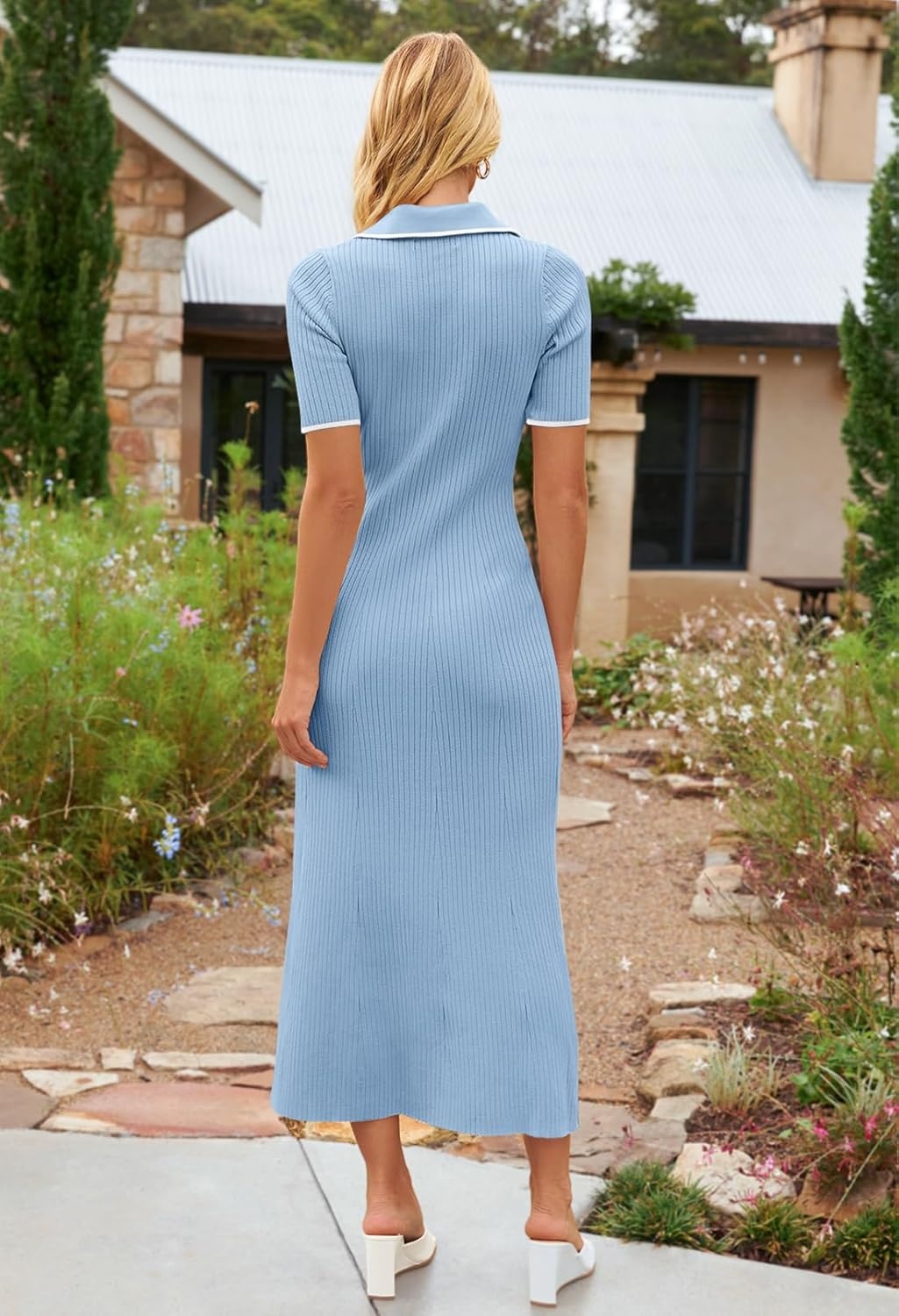 image:imageMEROKEETY Womens Spring Summer Ribbed Maxi Dress 2026 Bodycon V Neck Button Short Sleeve Slim Fit Knit Sweater DressesBlue