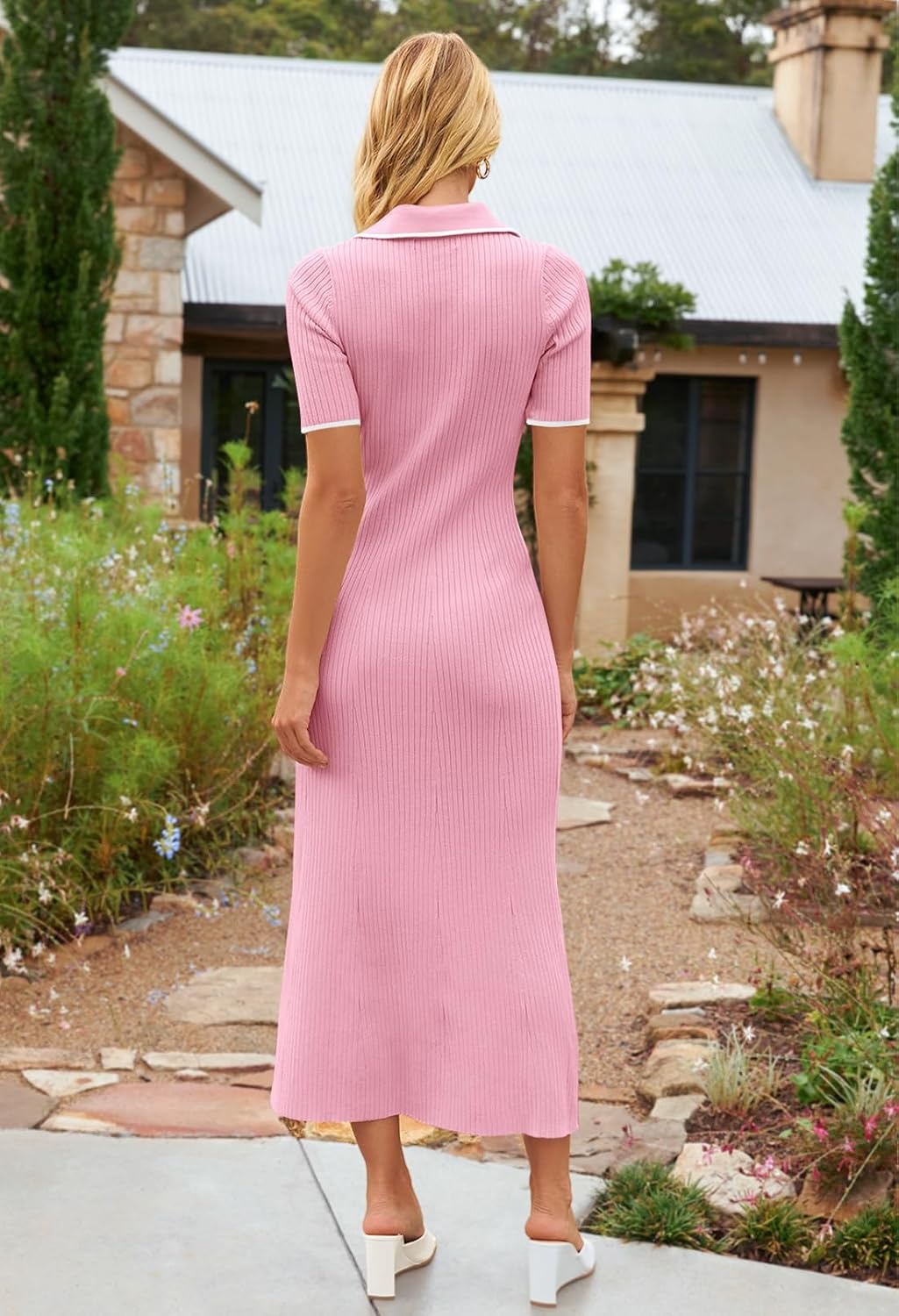 image:imageMEROKEETY Womens Spring Summer Ribbed Maxi Dress 2026 Bodycon V Neck Button Short Sleeve Slim Fit Knit Sweater DressesPink