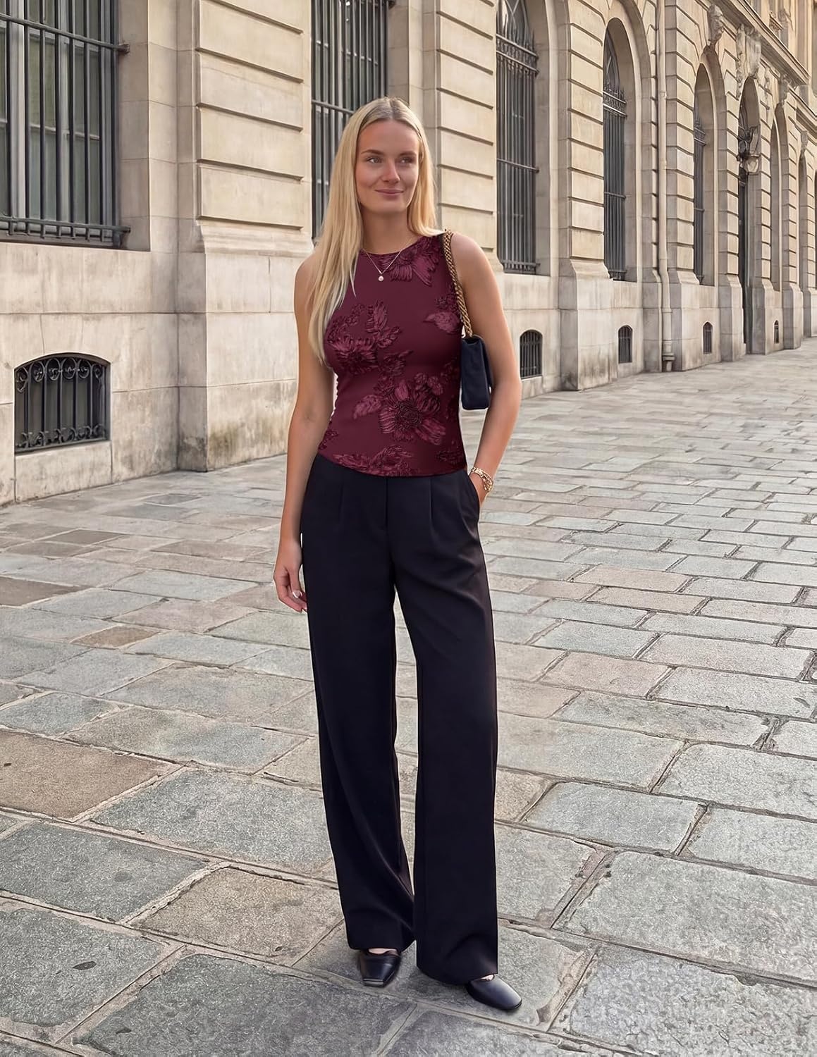 image:imageMEROKEETY Womens Summer Floral Sleeveless Tank Tops 2026 Trendy Mesh Going Out Business Casual Top Slim Fit Vacation ClothesBurgundy