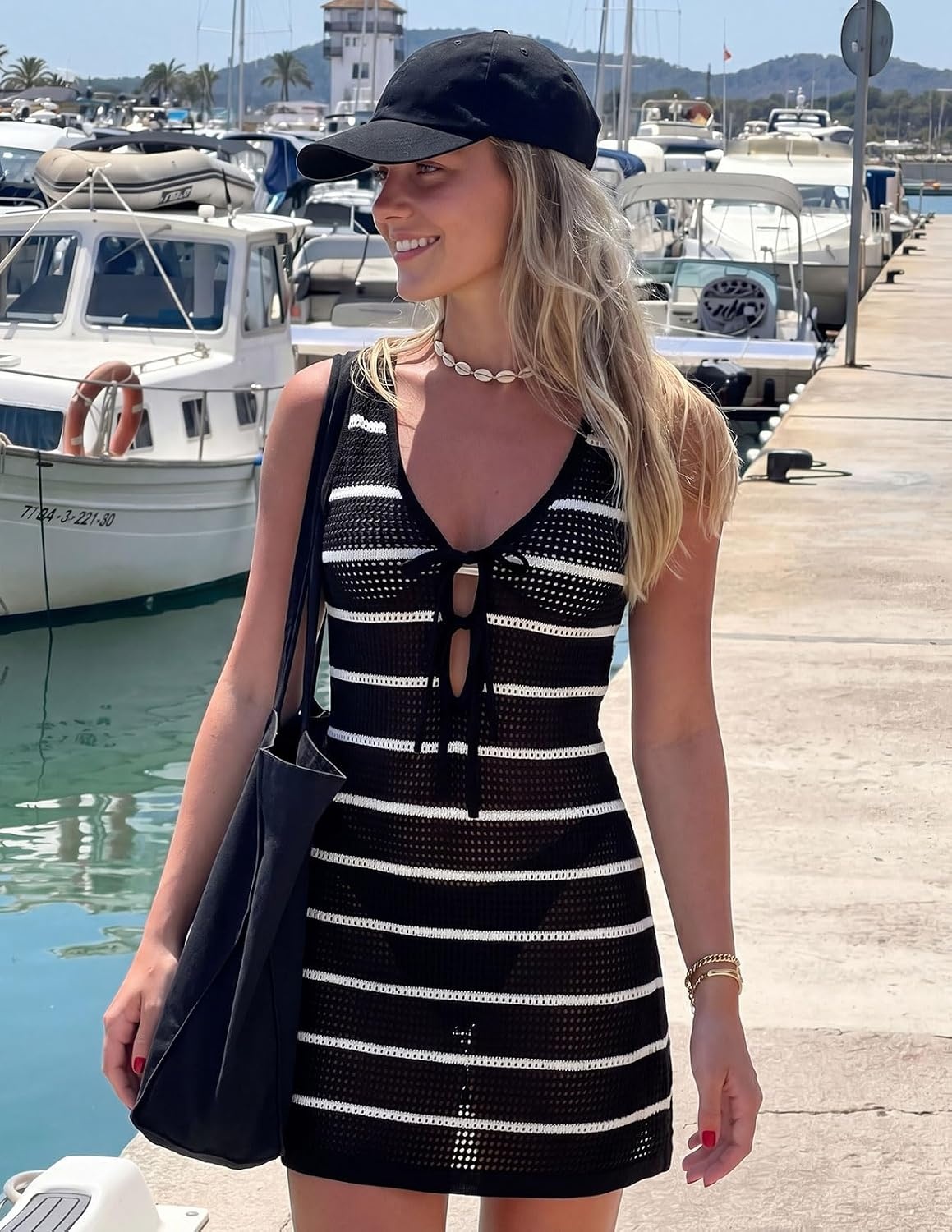 image:imageMEROKEETY Womens Summer Swimsuit Coverup 2026 Bathing Suit Resort Wear Tie Front Crochet Knit Beach Vacation Cover Up DressBlack