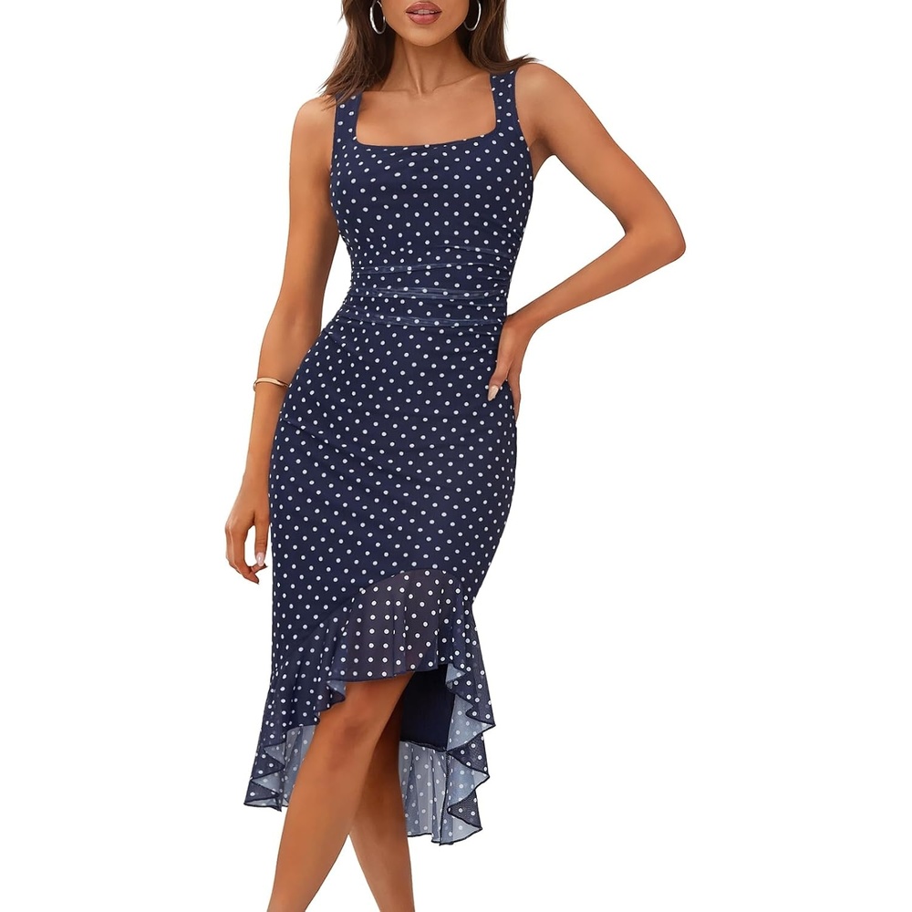 image:imageMEROKEETY Womens 2026 Summer Floral Bodycon Dress Square Neck Sleeveless Ruffle Cocktail Mesh Beach Vacation Midi DressesNavy White
