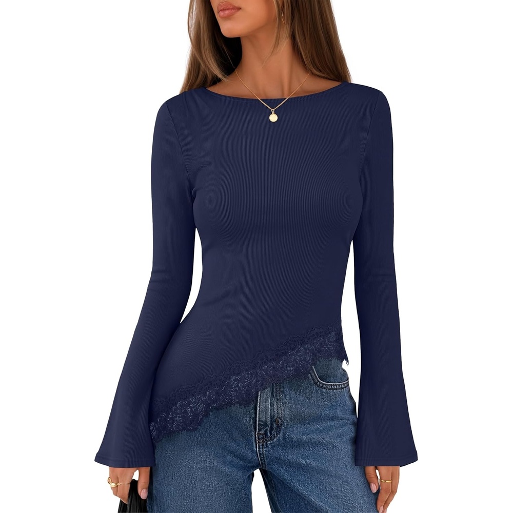 image:imageMEROKEETY Womens Fall Asymmetrical Lace Boat Neck Long Sleeve Ribbed Tops  Fitted TShirt Ruched Accent Side Slit Clothes Stretchy Knit Fabric Work Blouses Y2K Going Out Outfits Fashion ClothingNavy