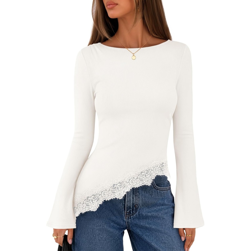 image:imageMEROKEETY Womens Fall Asymmetrical Lace Boat Neck Long Sleeve Ribbed Tops  Fitted TShirt Ruched Accent Side Slit Clothes Stretchy Knit Fabric Work Blouses Y2K Going Out Outfits Fashion ClothingWhite