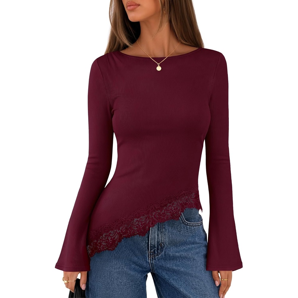 image:imageMEROKEETY Womens Fall Asymmetrical Lace Boat Neck Long Sleeve Ribbed Tops  Fitted TShirt Ruched Accent Side Slit Clothes Stretchy Knit Fabric Work Blouses Y2K Going Out Outfits Fashion ClothingWine