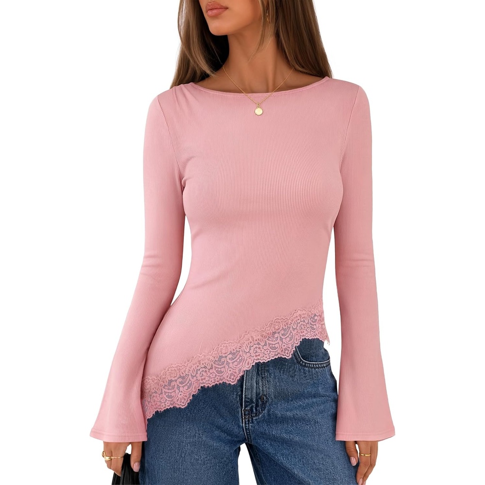 image:imageMEROKEETY Womens Fall Asymmetrical Lace Boat Neck Long Sleeve Ribbed Tops  Fitted TShirt Ruched Accent Side Slit Clothes Stretchy Knit Fabric Work Blouses Y2K Going Out Outfits Fashion ClothingPink