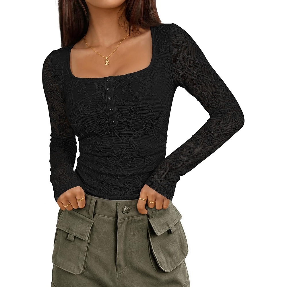 image:imageMEROKEETY Womens Fall Lace Mesh Long Sleeve Blouse Tops Dressy Henley Shirt 2026 Casual Square Neck Jacquard Sheer Fitted Cinched Waist Ruched Date Night Club Going out Fashion OutfitBlack