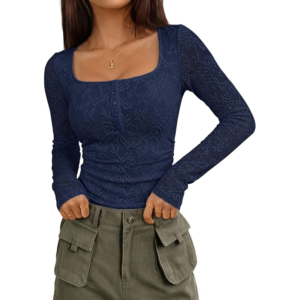 image:imageMEROKEETY Womens Fall Lace Mesh Long Sleeve Blouse Tops Dressy Henley Shirt  2026 Casual Square Neck Jacquard Sheer Fitted Cinched Waist Ruched Date Night Club Going out Fashion OutfitNavy
