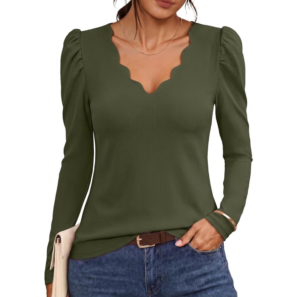 image:imageMEROKEETY Womens Fall Puff Long Sleeve Business Casual Tops Scalloped V Neck Cute Trendy Dressy Soft and Stretchy Work TShirt Ribbed Knit Fitted Blouse Going Out ClothesArmy