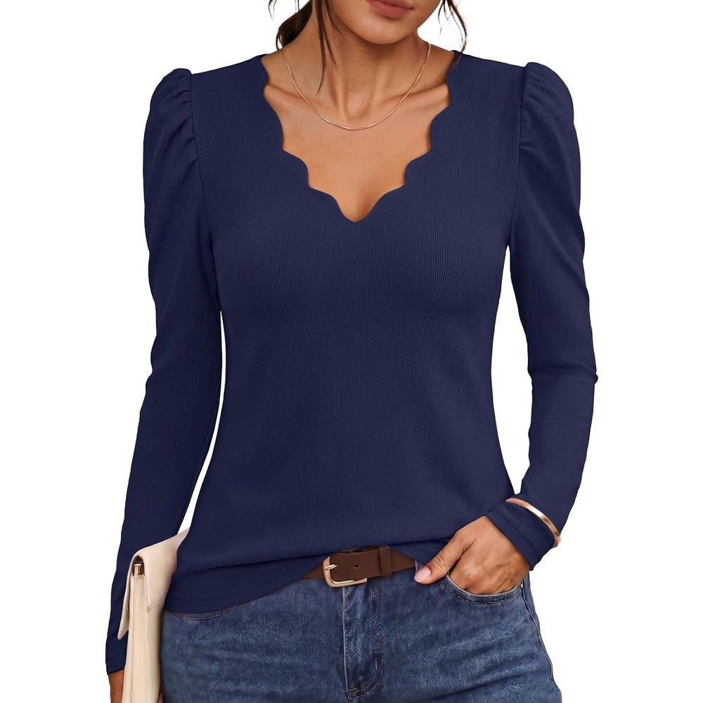 image:imageMEROKEETY Womens Fall Puff Long Sleeve Business Casual Tops Scalloped V Neck Cute Trendy Dressy Soft and Stretchy Work TShirt Ribbed Knit Fitted Blouse Going Out ClothesNavy
