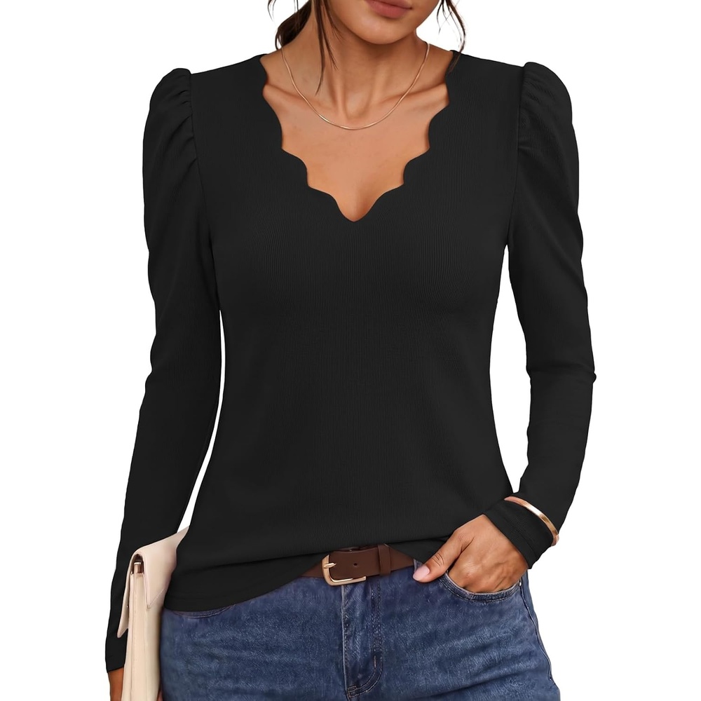 image:imageMEROKEETY Womens Fall Puff Long Sleeve Business Casual Tops Scalloped V Neck Cute Trendy Dressy Soft and Stretchy Work TShirt Ribbed Knit Fitted Blouse Going Out ClothesBlack