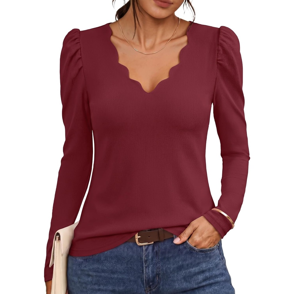 image:imageMEROKEETY Womens Fall Puff Long Sleeve Business Casual Tops  Scalloped V Neck Cute Trendy Dressy Soft and Stretchy Work TShirt Ribbed Knit Fitted Blouse Going Out ClothesWine