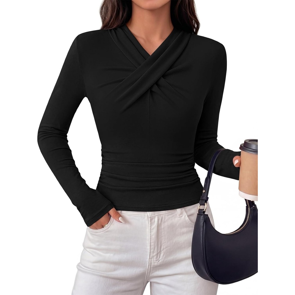 image:imageMEROKEETY Womens Long Sleeve Business Casual Criss Cross Tops 2026 Trendy  Work Office Shirts Ruched Fitted Dressy Blouses V Neck Going Out Elegant Outfits Fall Fashion Layering Winter ClothingBlack