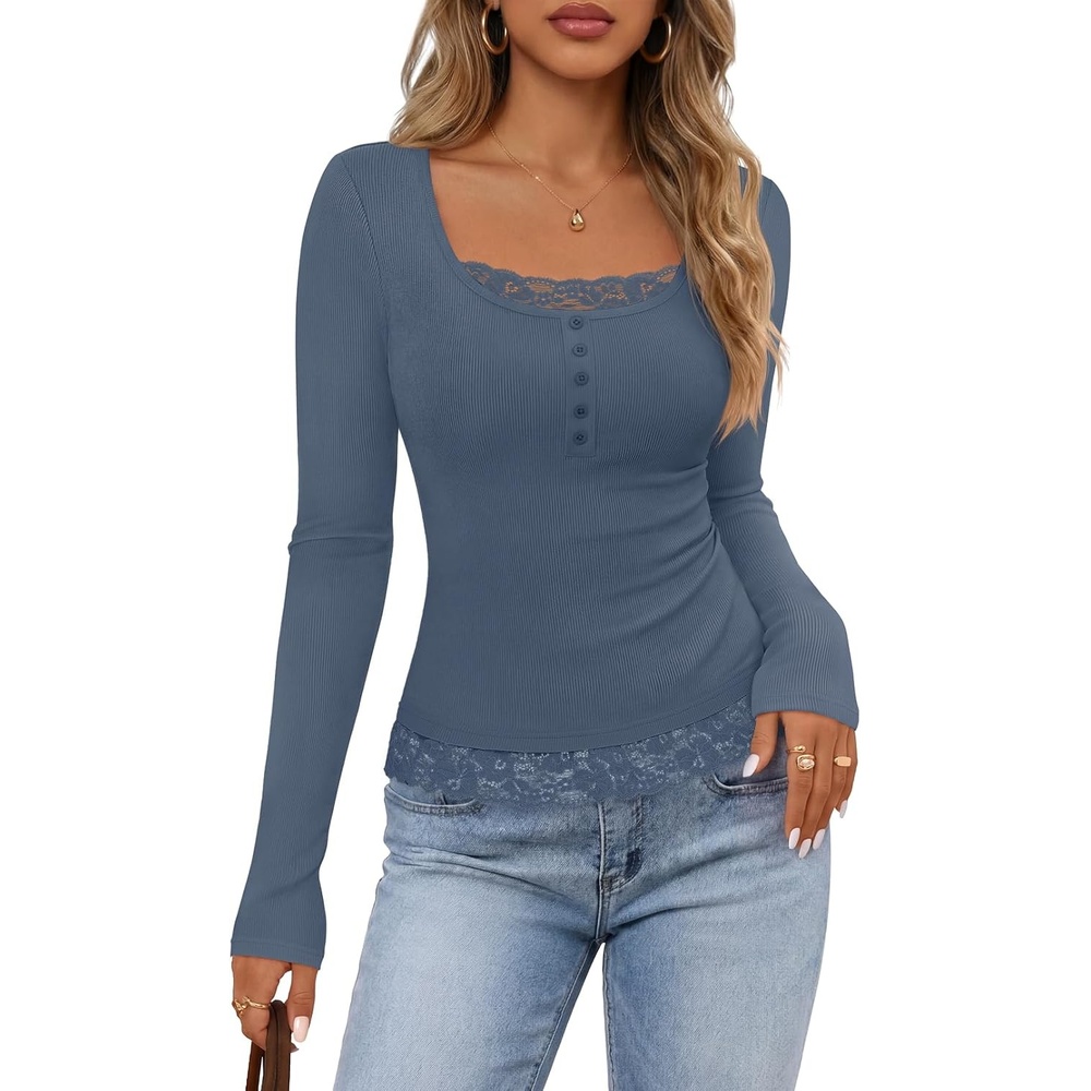 image:imageMEROKEETY Womens Long Sleeve Lace Trim Tops 2026 Cute Scoop Neck Going Out Fitted shirts Ribbed Knit Stretchy Blouses Button Basic Tees Trendy Y2K Outfits Fall Fashion Layering Winter ClothingDusty Blue