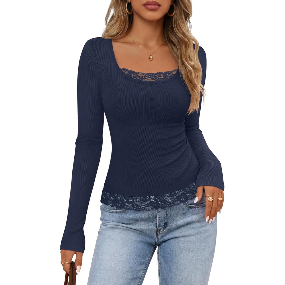 image:imageMEROKEETY Womens Long Sleeve Lace Trim Tops 2026 Cute Scoop Neck Going Out Fitted shirts Ribbed Knit Stretchy Blouses Button Basic Tees Trendy Y2K Outfits Fall Fashion Layering Winter ClothingNavy