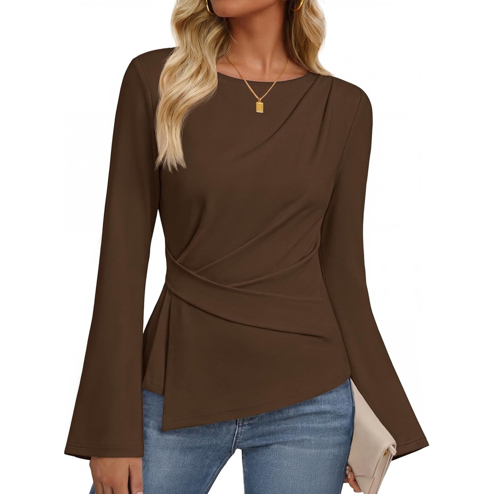 image:imageMEROKEETY Womens Long Sleeve Peplum Shirts 2026 Dressy Fall Casual Tops Ruched Waist Crew Neckline Flared Sleeves Slim Fit Business Casual Work Office Outfit Going Out Elegant Trendy BlousesBrown