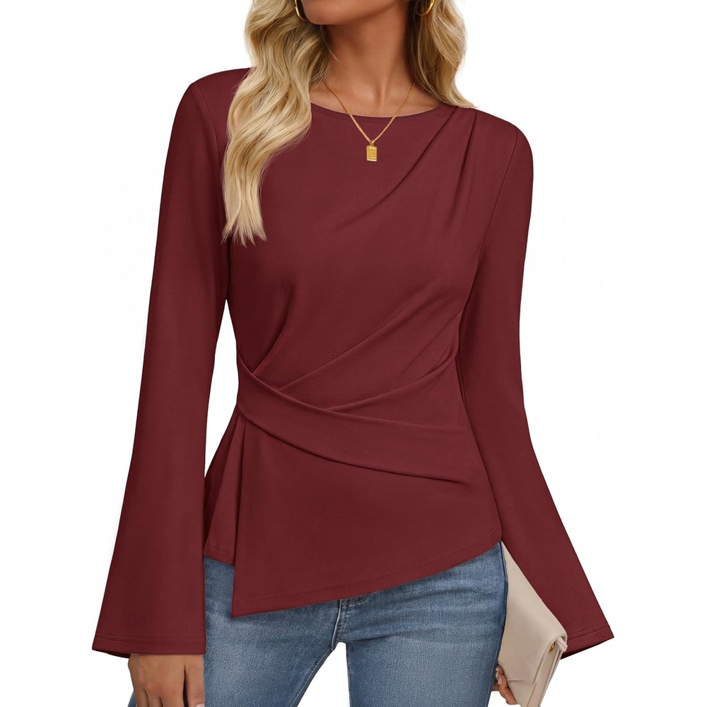 image:imageMEROKEETY Womens Long Sleeve Peplum Shirts 2026 Dressy Fall Casual Tops  Ruched Waist Crew Neckline Flared Sleeves Slim Fit Business Casual Work Office Outfit Going Out Elegant Trendy BlousesWine