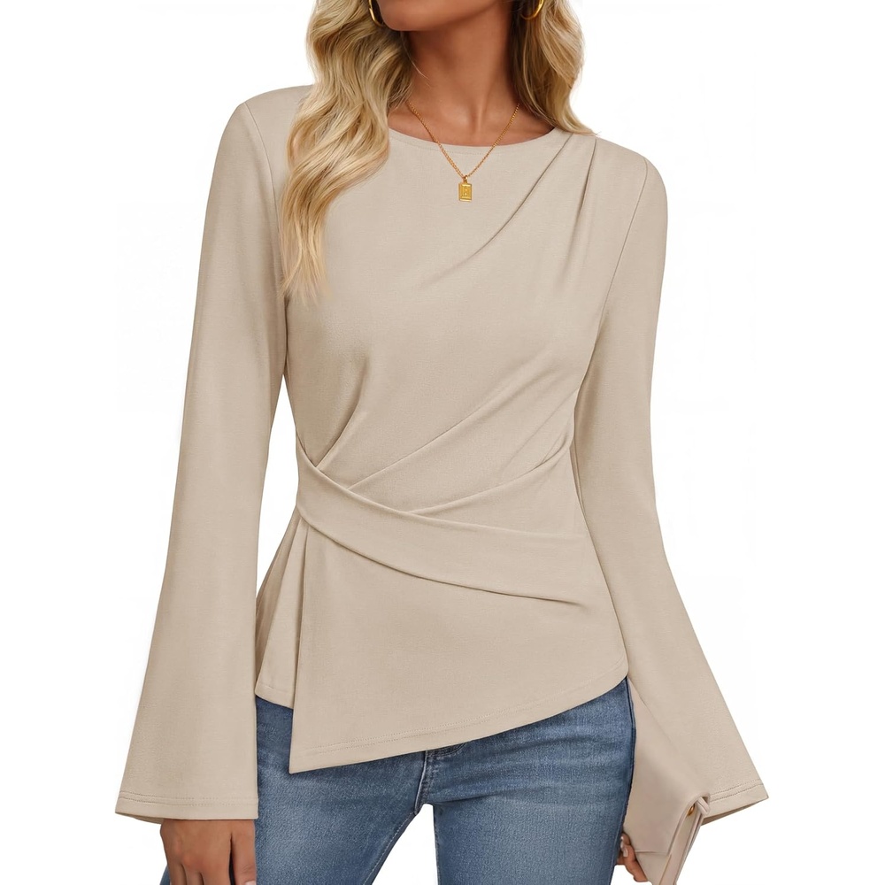 image:imageMEROKEETY Womens Long Sleeve Peplum Shirts 2026 Dressy Fall Casual Tops Ruched Waist Crew Neckline Flared Sleeves Slim Fit Business Casual Work Office Outfit Going Out Elegant Trendy BlousesApricot