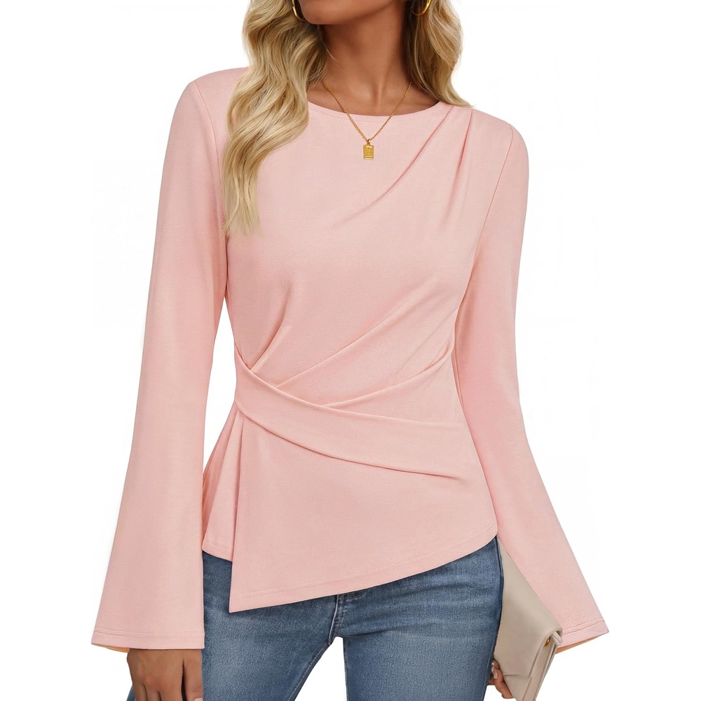 image:imageMEROKEETY Womens Long Sleeve Peplum Shirts 2026 Dressy Fall Casual Tops Ruched Waist Crew Neckline Flared Sleeves Slim Fit Business Casual Work Office Outfit Going Out Elegant Trendy BlousesPink