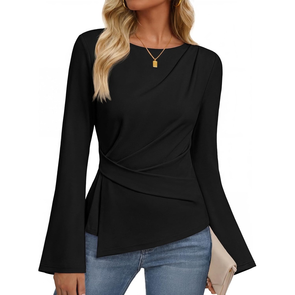 image:imageMEROKEETY Womens Long Sleeve Peplum Shirts 2026 Dressy Fall Casual Tops Ruched Waist Crew Neckline Flared Sleeves Slim Fit Business Casual Work Office Outfit Going Out Elegant Trendy BlousesBlack