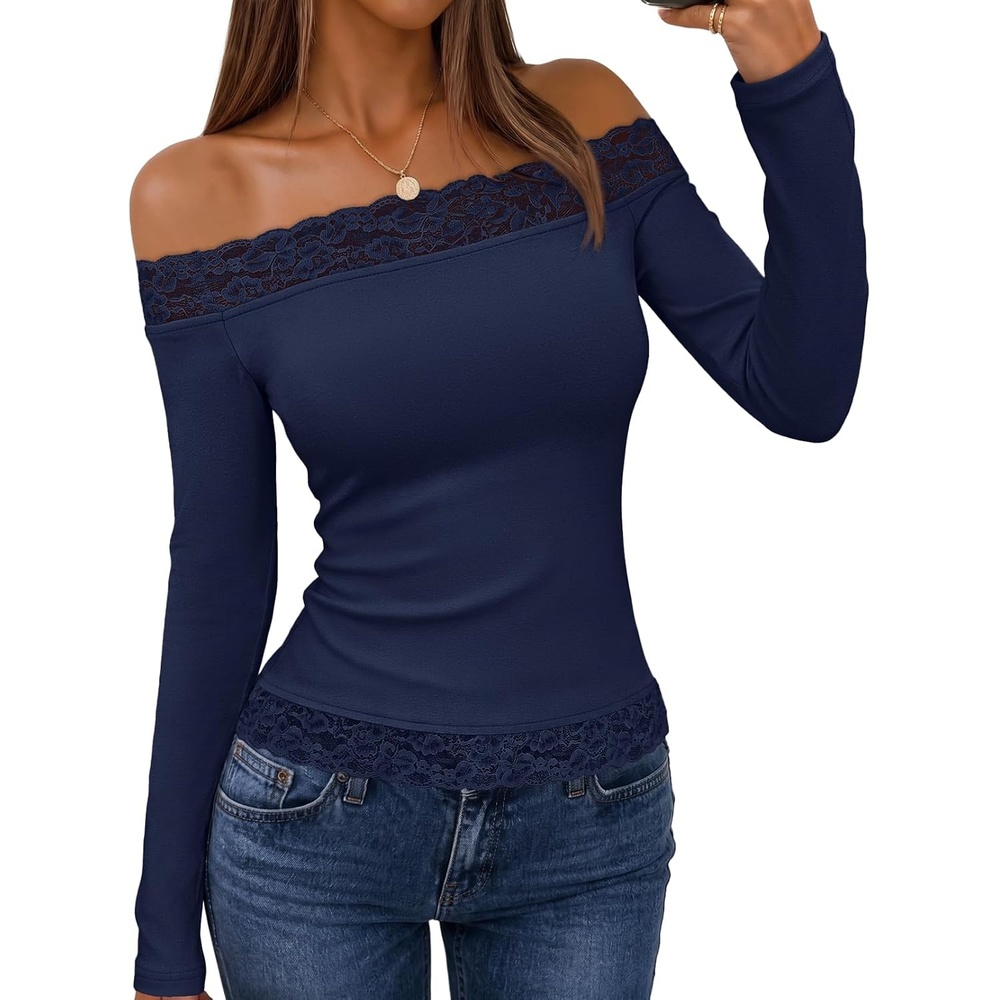image:imageMEROKEETY Womens Off The Shoulder Long Sleeve Lace Tops Slim Fitted Shirts Going Out Tops 2026 Fall Fashion Cute Y2k Stretchy Fabric Solid Color Lightweight Floral Knit TeeNavy