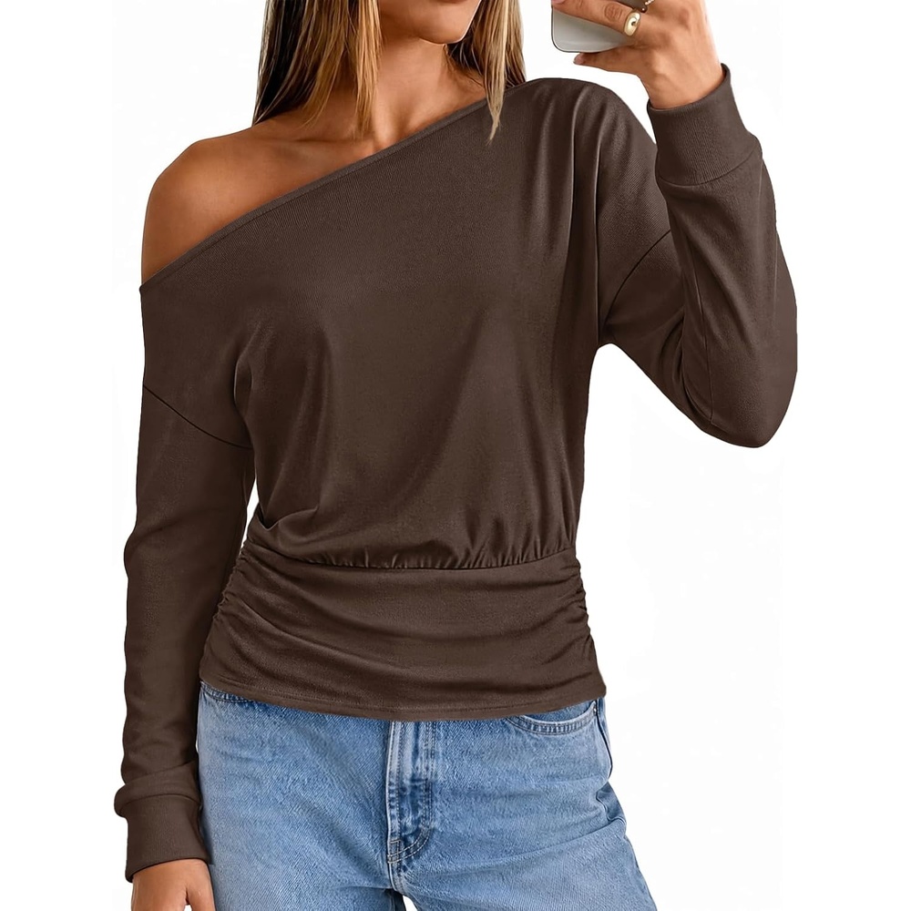 image:imageMEROKEETY Womens Off The Shoulder Tops Long Sleeve Fall Going Out Shirts  One Shoulder Cinched Waist Loose Fit 2026 Y2K Fashion Cotton Party Date Night Casual Shirts Elegant Trendy BlousesChocolate