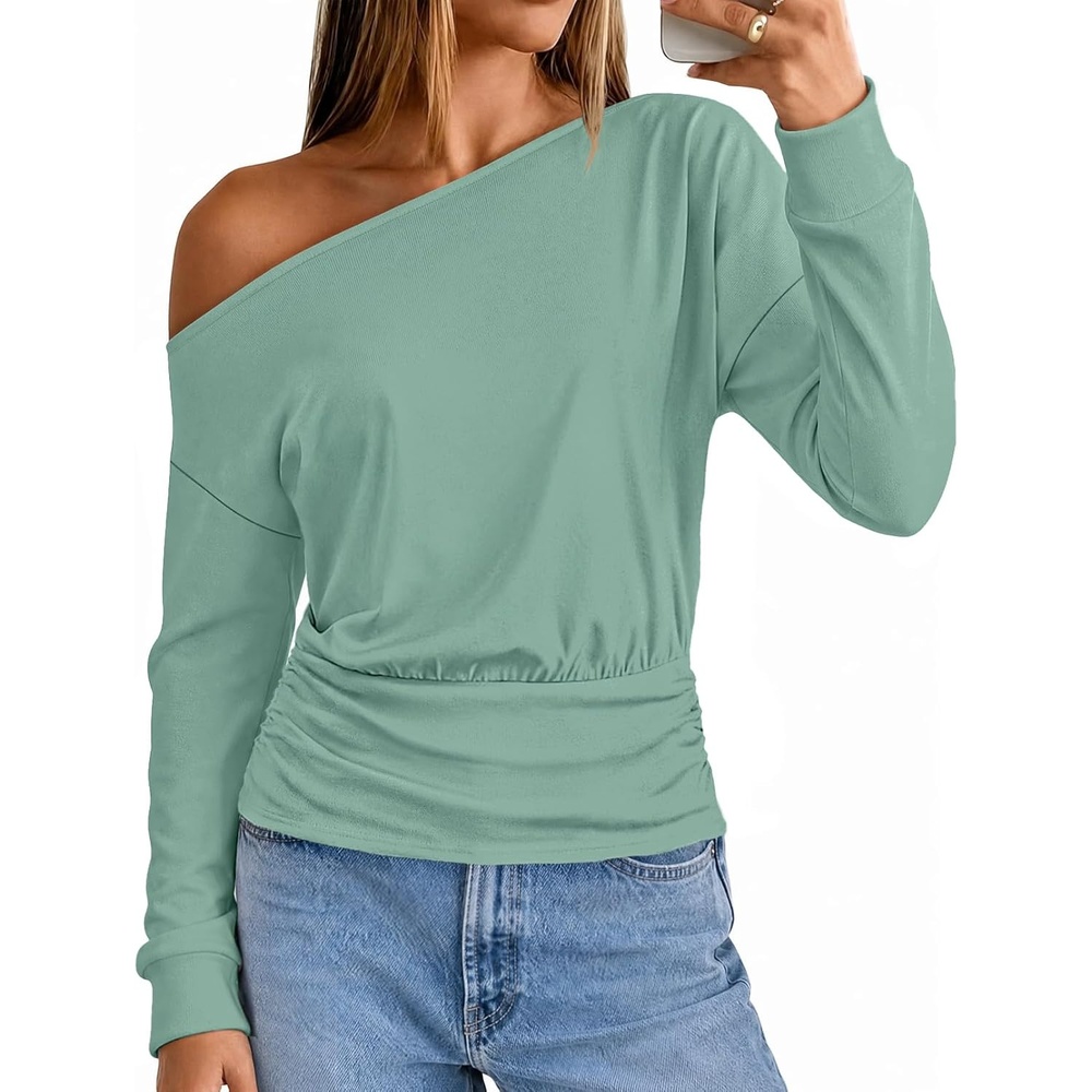 image:imageMEROKEETY Womens Off The Shoulder Tops Long Sleeve Fall Going Out Shirts  One Shoulder Cinched Waist Loose Fit 2026 Y2K Fashion Cotton Party Date Night Casual Shirts Elegant Trendy BlousesSage