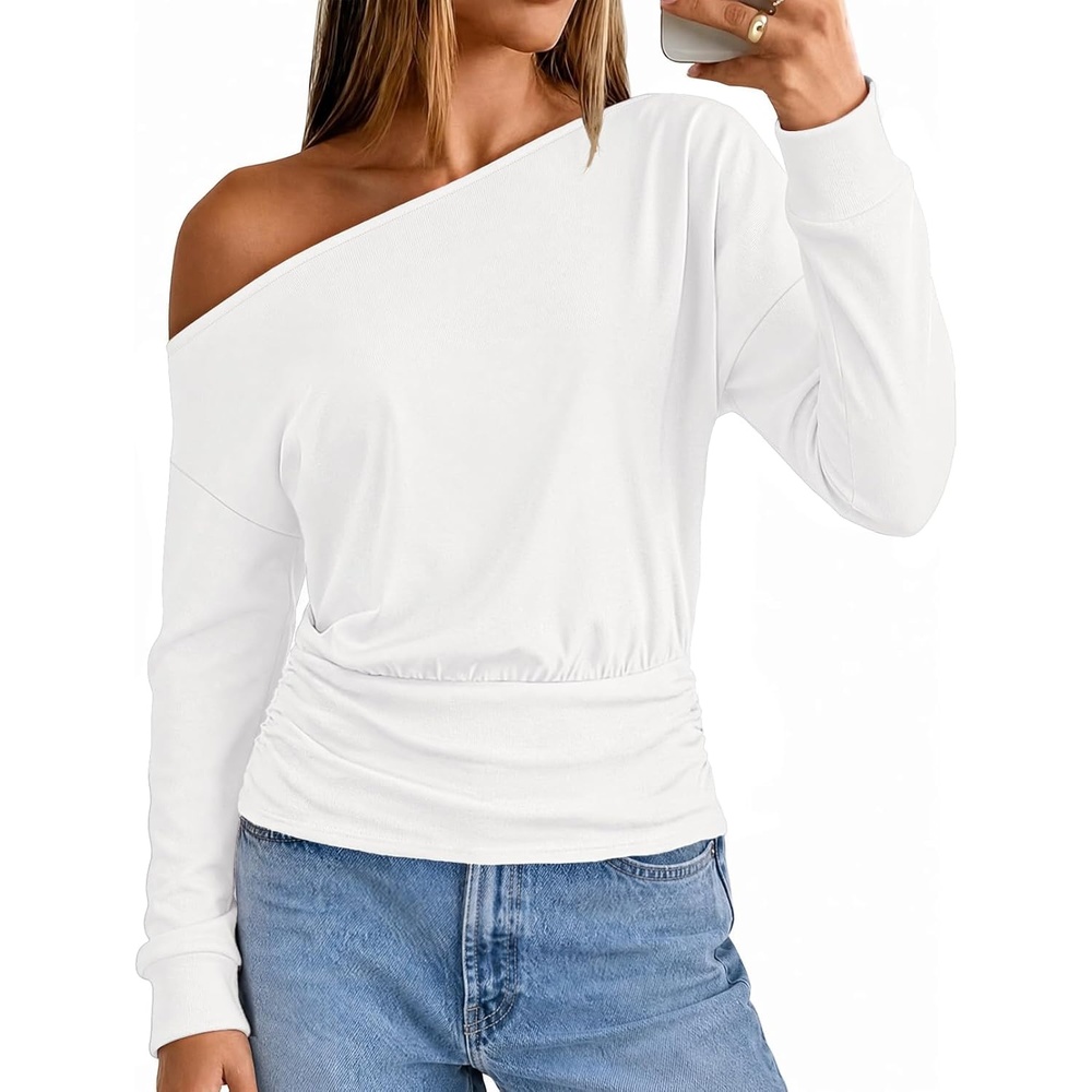 image:imageMEROKEETY Womens Off The Shoulder Tops Long Sleeve Fall Going Out Shirts  One Shoulder Cinched Waist Loose Fit 2026 Y2K Fashion Cotton Party Date Night Casual Shirts Elegant Trendy BlousesWhite