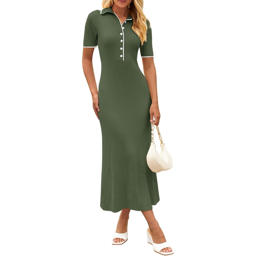 image:imageMEROKEETY Womens Spring Summer Ribbed Maxi Dress 2026 Bodycon V Neck Button Short Sleeve Slim Fit Knit Sweater DressesArmygreen