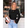 MEROKEETY Women’s Bell Long Sleeve Tops Going Out Trendy Fall 2026 Shirts | Elegant Crew Neck Shirt, Ruched Side Crop Blouse, Y2K Fashion, Cotton Fabric, Business Casual Work Date, Western Cute Clothes(Black)