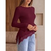 MEROKEETY Women’s Fall Asymmetrical Lace Boat Neck Long Sleeve Ribbed Tops | Fitted T-Shirt, Ruched Accent, Side Slit Clothes, Stretchy Knit Fabric, Work Blouses, Y2K Going Out Outfits, Fashion Clothing(Wine)