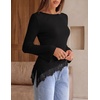 MEROKEETY Women’s Fall Asymmetrical Lace Boat Neck Long Sleeve Ribbed Tops | Fitted T-Shirt, Ruched Accent, Side Slit Clothes, Stretchy Knit Fabric, Work Blouses, Y2K Going Out Outfits, Fashion Clothing(Black)