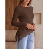 MEROKEETY Women’s Fall Asymmetrical Lace Boat Neck Long Sleeve Ribbed Tops | Fitted T-Shirt, Ruched Accent, Side Slit Clothes, Stretchy Knit Fabric, Work Blouses, Y2K Going Out Outfits, Fashion Clothing(Brown)