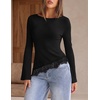 MEROKEETY Women’s Fall Asymmetrical Lace Boat Neck Long Sleeve Ribbed Tops | Fitted T-Shirt, Ruched Accent, Side Slit Clothes, Stretchy Knit Fabric, Work Blouses, Y2K Going Out Outfits, Fashion Clothing(Black)