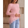 MEROKEETY Women’s Fall Asymmetrical Lace Boat Neck Long Sleeve Ribbed Tops | Fitted T-Shirt, Ruched Accent, Side Slit Clothes, Stretchy Knit Fabric, Work Blouses, Y2K Going Out Outfits, Fashion Clothing(Pink)