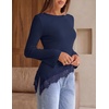 MEROKEETY Women’s Fall Asymmetrical Lace Boat Neck Long Sleeve Ribbed Tops | Fitted T-Shirt, Ruched Accent, Side Slit Clothes, Stretchy Knit Fabric, Work Blouses, Y2K Going Out Outfits, Fashion Clothing(Navy)