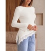 MEROKEETY Women’s Fall Asymmetrical Lace Boat Neck Long Sleeve Ribbed Tops | Fitted T-Shirt, Ruched Accent, Side Slit Clothes, Stretchy Knit Fabric, Work Blouses, Y2K Going Out Outfits, Fashion Clothing(White)