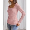 MEROKEETY Womens Fall Lace Mesh Long Sleeve Blouse Tops Dressy Henley Shirt | 2026, Casual, Square Neck, Jacquard, Sheer, Fitted, Cinched Waist, Ruched, Date Night, Club, Going out, Fashion Outfit(Pink)