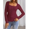 MEROKEETY Womens Fall Lace Mesh Long Sleeve Blouse Tops Dressy Henley Shirt | 2026, Casual, Square Neck, Jacquard, Sheer, Fitted, Cinched Waist, Ruched, Date Night, Club, Going out, Fashion Outfit(Burgundy)