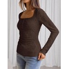 MEROKEETY Womens Fall Lace Mesh Long Sleeve Blouse Tops Dressy Henley Shirt | 2026, Casual, Square Neck, Jacquard, Sheer, Fitted, Cinched Waist, Ruched, Date Night, Club, Going out, Fashion Outfit(Coffee)