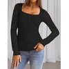 MEROKEETY Womens Fall Lace Mesh Long Sleeve Blouse Tops Dressy Henley Shirt | 2026, Casual, Square Neck, Jacquard, Sheer, Fitted, Cinched Waist, Ruched, Date Night, Club, Going out, Fashion Outfit(Black)